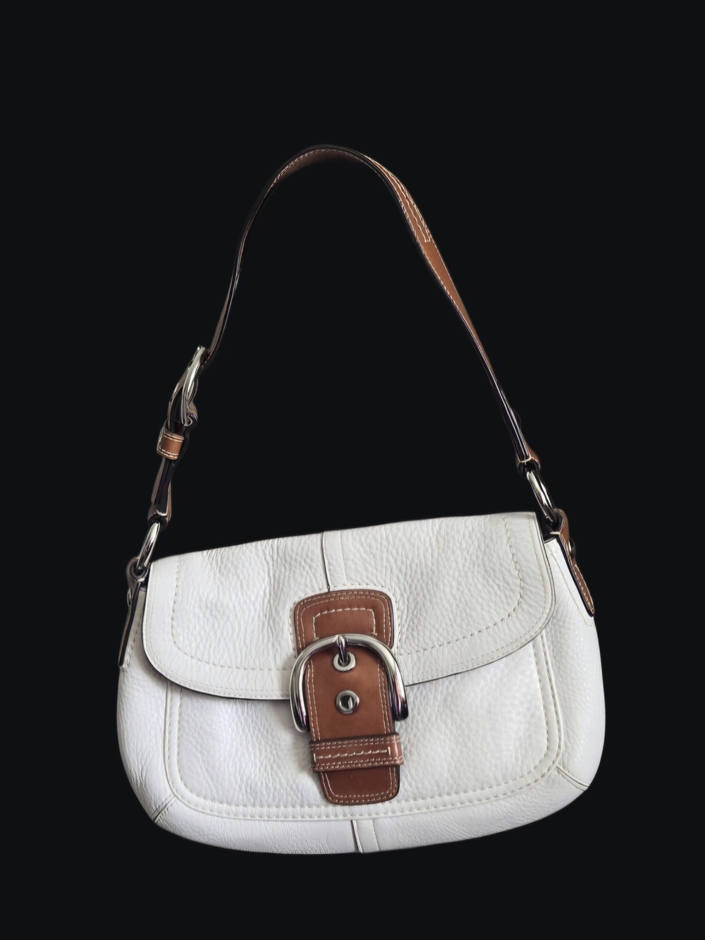 Coach Y2k White Leather Shoulder Bag with Brown Trim